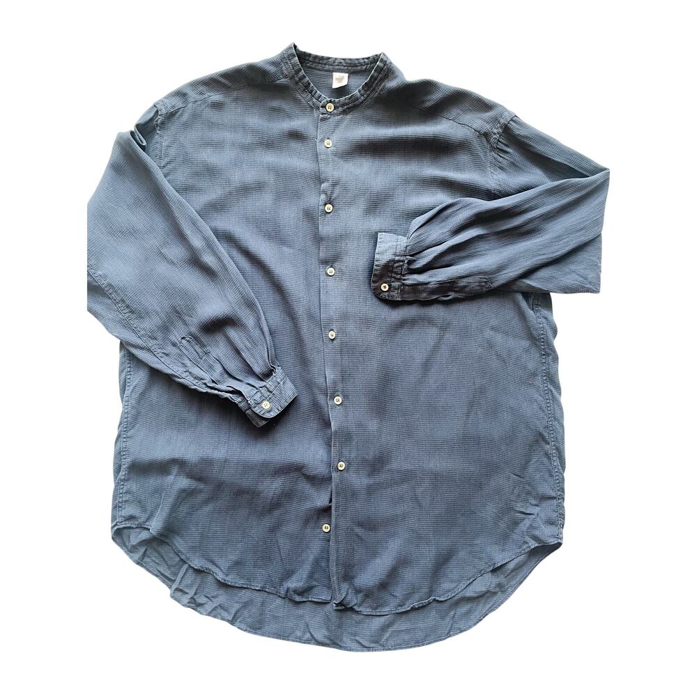Giorgio Armani Navy Blue Silk Textured Band Collar Long Sleeve Shirt Size S
